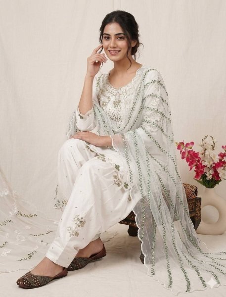 White Designer Salwar Kameez with Gota and Mirror Work Dupatta    Ready To Wear Collection