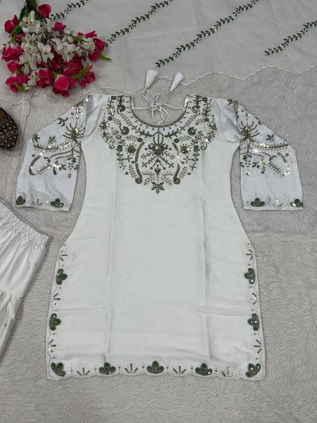 White Designer Salwar Kameez with Gota and Mirror Work Dupatta    Ready To Wear Collection