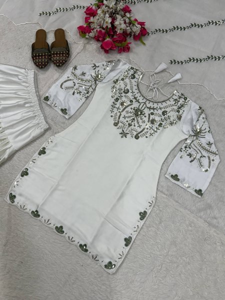 White Designer Salwar Kameez with Gota and Mirror Work Dupatta    Ready To Wear Collection