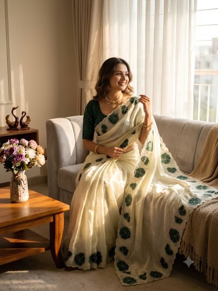 White Designer Space Silk Saree with Green Chinnon Bandhani Print Blouse 