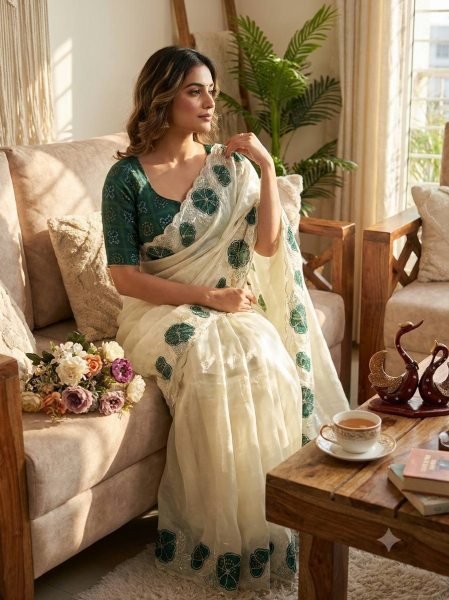 White Designer Space Silk Saree with Green Chinnon Bandhani Print Blouse Silk Sarees Wholesale