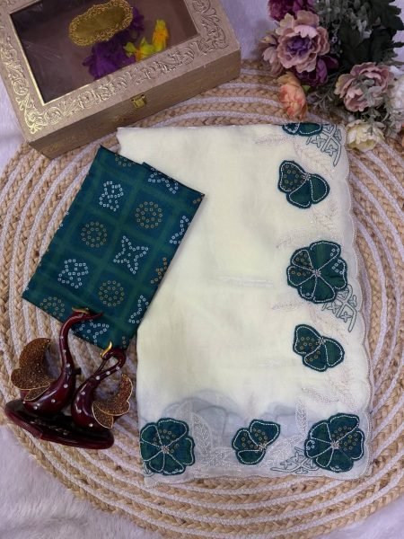 White Designer Space Silk Saree with Green Chinnon Bandhani Print Blouse Silk Sarees Wholesale