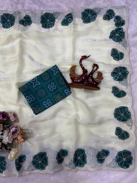 White Designer Space Silk Saree with Green Chinnon Bandhani Print Blouse Silk Sarees Wholesale