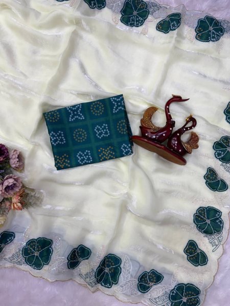 White Designer Space Silk Saree with Green Chinnon Bandhani Print Blouse Silk Sarees Wholesale