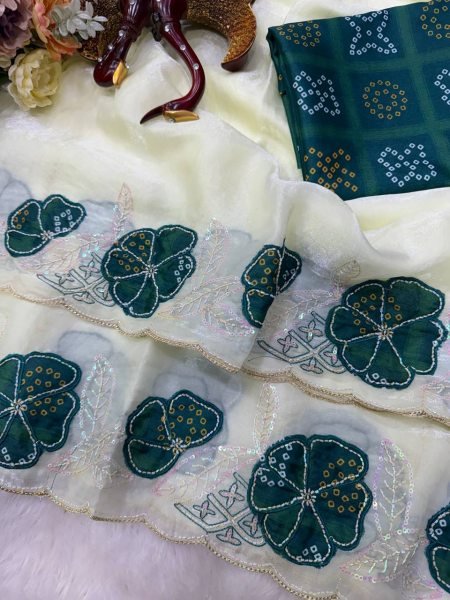 White Designer Space Silk Saree with Green Chinnon Bandhani Print Blouse Silk Sarees Wholesale