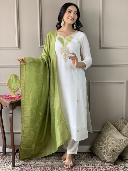 White Designer Viscos Chanderi Kurti  set with Embroidery Neck Work 3 Piece Kurti Set