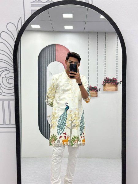 White Dola Silk Kurta with Peacock & Deer Print Perfect for Haldi & Festive Days Kurta Pajama Wholesale