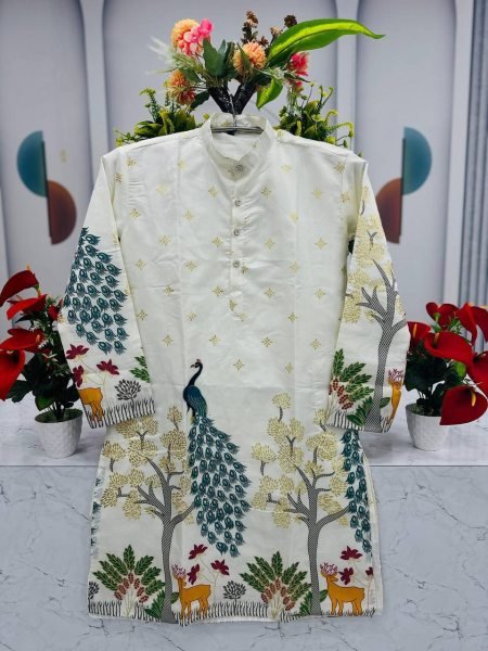 White Dola Silk Kurta with Peacock & Deer Print Perfect for Haldi & Festive Days Kurta Pajama Wholesale