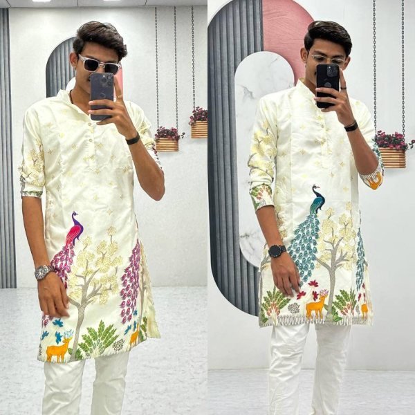 White Dola Silk Kurta with Peacock & Deer Print Perfect for Haldi & Festive Days Kurta Pajama Wholesale