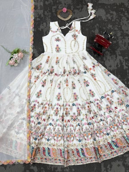 White Embroidered Faux Georgette Suit with Dupatta Wedding Wear at Low Price Ready To Wear Collection