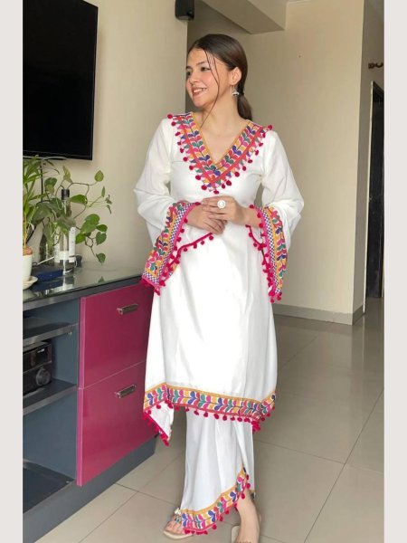 White Faux Georgette Coord Set with Pom Pom Lace Border Perfect for Festive Wear Kurtis