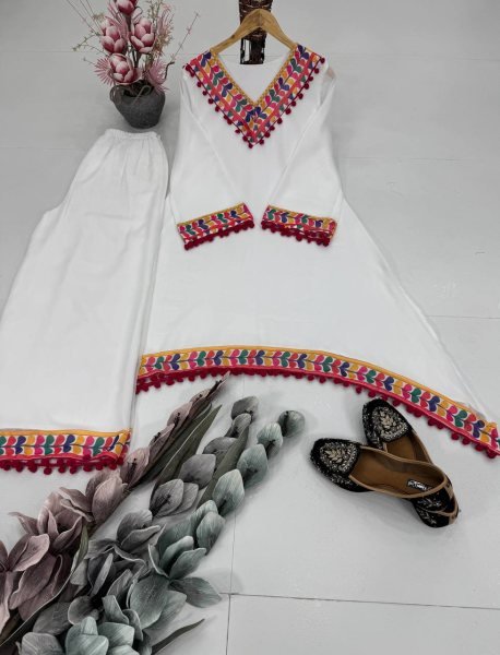 White Faux Georgette Coord Set with Pom Pom Lace Border Perfect for Festive Wear Kurti With Bottom Wholesale