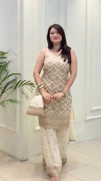 White Faux Georgette Palazzo Suit with Stylish Dupatta and Potli Ready to Wear for Festive Occasions Ready To Wear Collection
