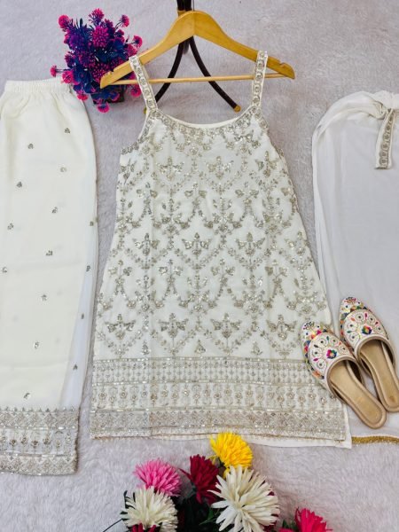 White Faux Georgette Palazzo Suit with Stylish Dupatta and Potli Ready to Wear for Festive Occasions Ready To Wear Collection