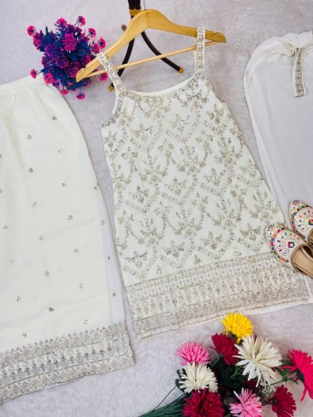 White Faux Georgette Palazzo Suit with Stylish Dupatta and Potli Ready to Wear for Festive Occasions Ready To Wear Collection