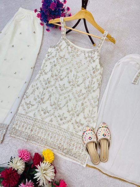 White Faux Georgette Palazzo Suit with Stylish Dupatta and Potli Ready to Wear for Festive Occasions Ready To Wear Collection