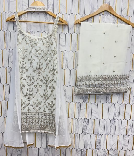 White Faux Georgette Palazzo Suit with Stylish Dupatta and Potli Ready to Wear for Festive Occasions Ready To Wear Collection