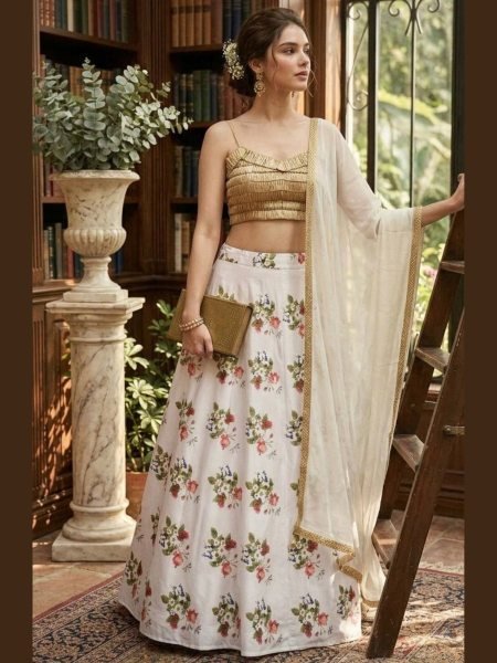 White Floral Digital Print Tapeta Silk Lehenga Choli with Georgette Dupatta  Lehenga