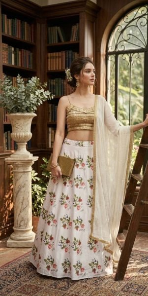 White Floral Digital Print Tapeta Silk Lehenga Choli with Georgette Dupatta Designer Lehenga Choli
