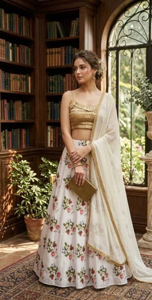 White Floral Digital Print Tapeta Silk Lehenga Choli with Georgette Dupatta Designer Lehenga Choli