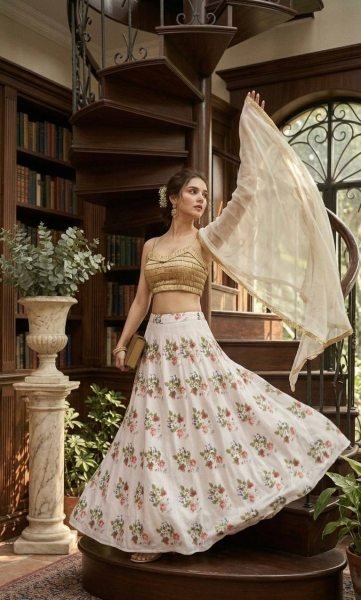 White Floral Digital Print Tapeta Silk Lehenga Choli with Georgette Dupatta Designer Lehenga Choli