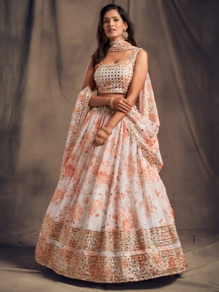 White Floral Printed Organza Lehenga with Sequins Zari Work for Wedding Wear Designer Lehenga Choli