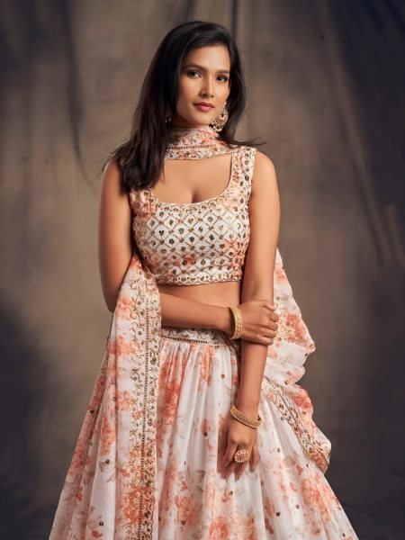 White Floral Printed Organza Lehenga with Sequins Zari Work for Wedding Wear Designer Lehenga Choli
