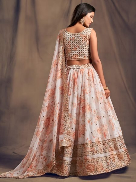 White Floral Printed Organza Lehenga with Sequins Zari Work for Wedding Wear Designer Lehenga Choli