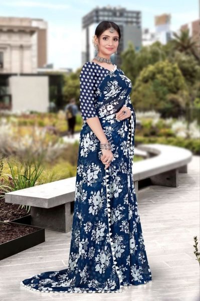 White Floral Printed Soft Georgette Saree Georgette Sarees Wholesale
