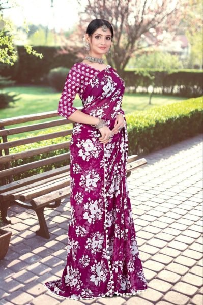 White Floral Printed Soft Georgette Saree Georgette Sarees Wholesale