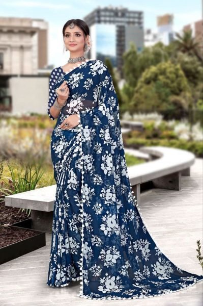 White Floral Printed Soft Georgette Saree Georgette Sarees Wholesale
