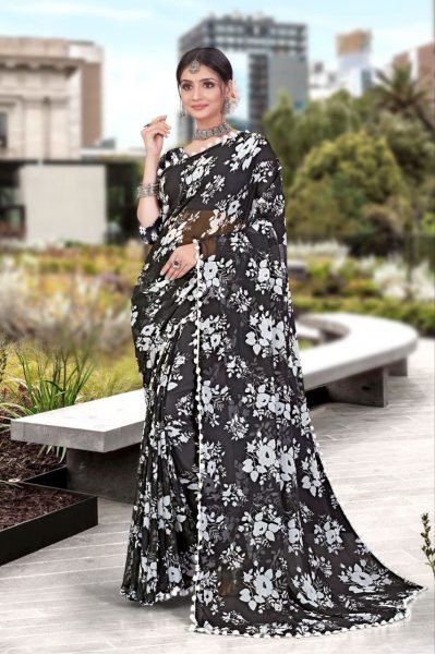 White Floral Printed Soft Georgette Saree Georgette Sarees Wholesale