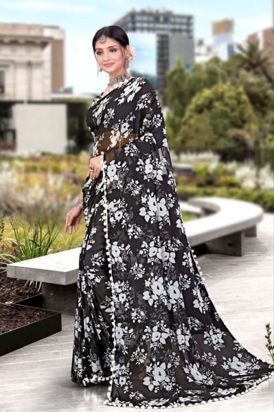 White Floral Printed Soft Georgette Saree Georgette Sarees Wholesale