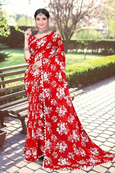 White Floral Printed Soft Georgette Saree Georgette Sarees Wholesale