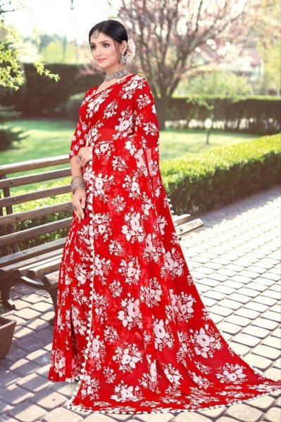 White Floral Printed Soft Georgette Saree Georgette Sarees Wholesale