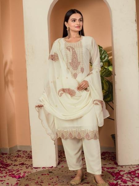 White Fox Georgette Salwar Suit with Thread and Sequence Embroidery for Ladies Ready To Wear Suit