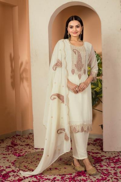 White Fox Georgette Salwar Suit with Thread and Sequence Embroidery for Ladies Ready To Wear Collection