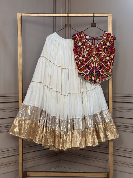 White Full-Stitched Rayon Lehenga Choli with Kutchi Work Blouse for Dandiya Ras Navratri Lehnega Choli