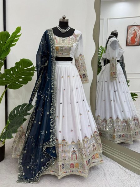 White Georgette Lehenga Choli Heavy Coding Dori   Sequin Work with Lace Dupatta Semi Stitched Wedding Wear for Retailers  Lehenga