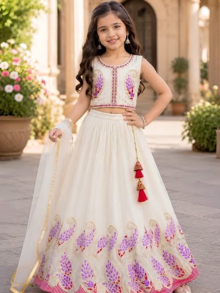White Girls Lehenga Choli with Georgette Blouse and Net Dupatta For Wedding  