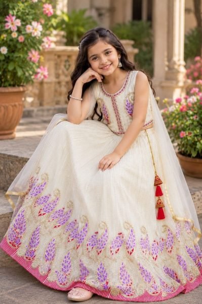 White Girls Lehenga Choli with Georgette Blouse and Net Dupatta For Wedding  Girls Wear