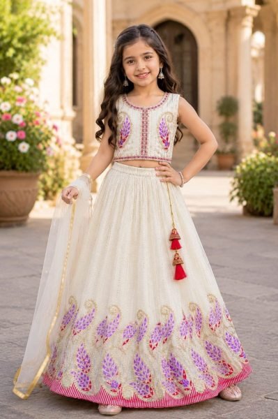 White Girls Lehenga Choli with Georgette Blouse and Net Dupatta For Wedding  Girls Wear