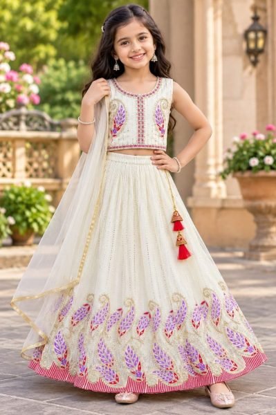 White Girls Lehenga Choli with Georgette Blouse and Net Dupatta For Wedding  Girls Wear
