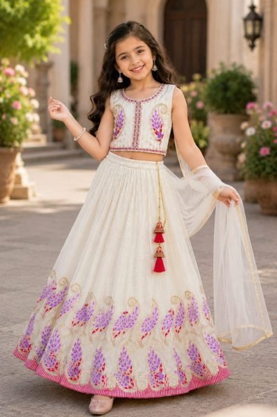 White Girls Lehenga Choli with Georgette Blouse and Net Dupatta For Wedding  Girls Wear