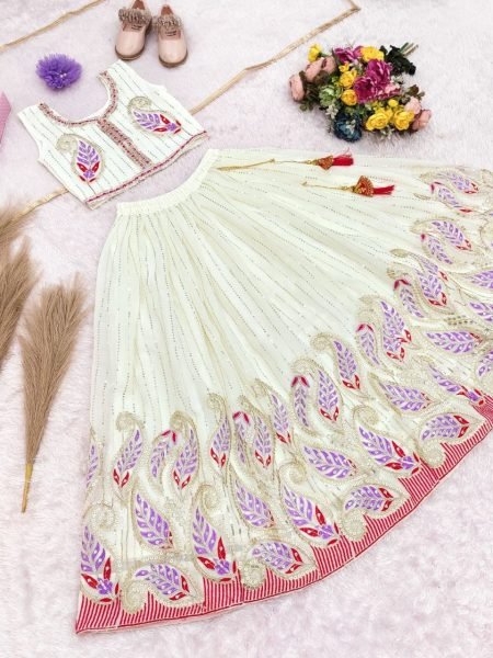 White Girls Lehenga Choli with Georgette Blouse and Net Dupatta For Wedding  Girls Wear