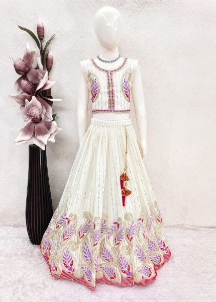 White Girls Lehenga Choli with Georgette Blouse and Net Dupatta For Wedding  Girls Wear