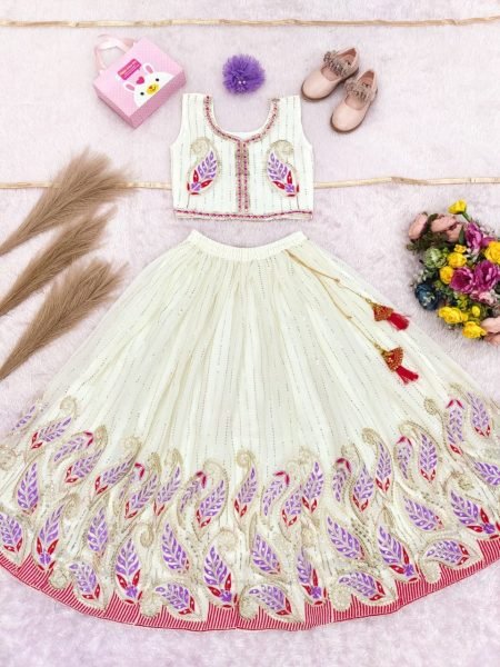 White Girls Lehenga Choli with Georgette Blouse and Net Dupatta For Wedding  Girls Wear