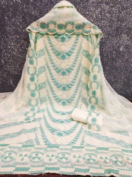 White Green Georgette Embroidered Top Bottom Dupatta Set for Women 