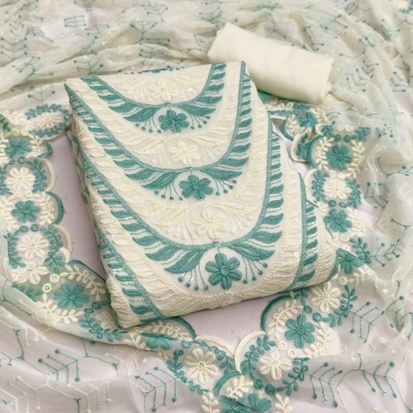 White Green Georgette Embroidered Top Bottom Dupatta Set for Women Color Set Matching Dress Material Wholesale