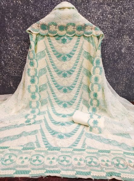 White Green Georgette Embroidered Top Bottom Dupatta Set for Women Color Set Matching Dress Material Wholesale
